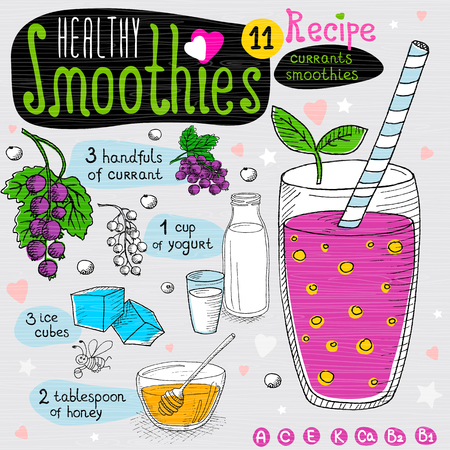 Healthy smoothie recipe set. With illustration of ingredients, glass, stars, hearts and vitamin. Hand drawn in sketch style. Currants smoothie. Curant, ice, honey, yogurt.のイラスト素材