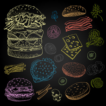 Set of color chalk drawn on a blackboard, food, spices Hand drawn, sketch vector illustration Fast food Hamburger, ingredient, mushrooms, tomato, pepper, onion, bacon, salad.のイラスト素材