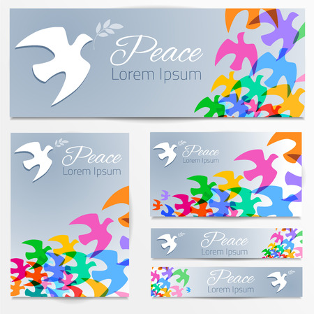 Colorful doves silhouettes White bird, olive branch.のイラスト素材