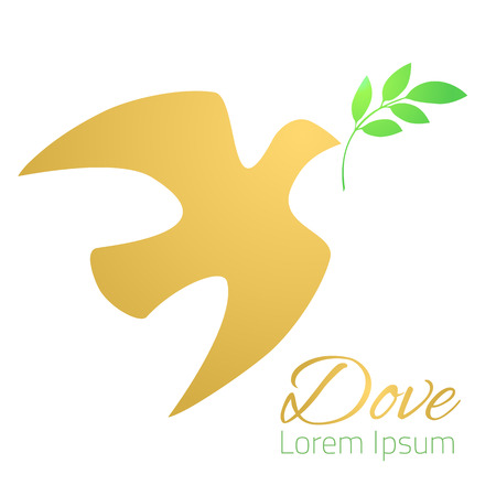 silhouette Golden bird, green olive branch. White background. Logo template. Vector illustration.のイラスト素材