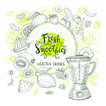 Fresh smoothie healthy drinks logo. Vector sketch style. Lettering design Calligraphy logotype Fruits, strawberry, banana, watermelon, lemon, orange apple, pineapple, blenderのイラスト素材