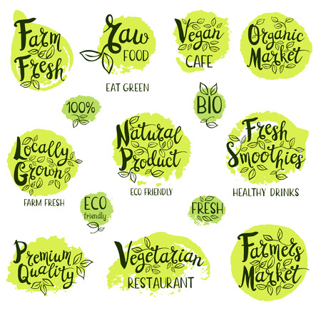 Set of stickers. Vegan cafe, farm fresh, fresh smoothies, vegetarian restaurant, organic market, natural product, raw food. Labels, Lettering design, calligraphy logo. Hand drawn vector illustration.のイラスト素材