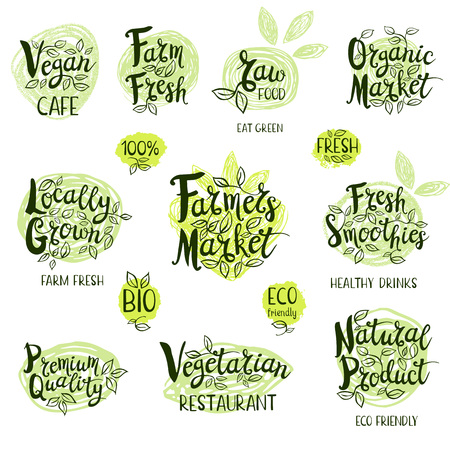 Set of stickers. Vegan cafe, farm fresh, fresh smoothies, vegetarian restaurant, organic market, natural product, raw food. Labels, Lettering design, calligraphy logo. Hand drawn vector illustration.のイラスト素材