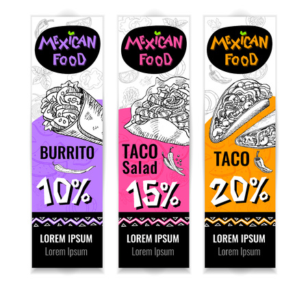 Set of stickers in sketch style, food and spices, old paper textured background. Fast food Mexican food. Banners, Taco, burrito, ingredients, mushrooms, tomato, pepper, onion, saladのイラスト素材