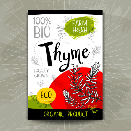 Colorful label in sketch style, food, spices, textured background. Thyme Naturally fresh. eco, bio, vegan food, sticker. Hand drawn vector illustrationのイラスト素材