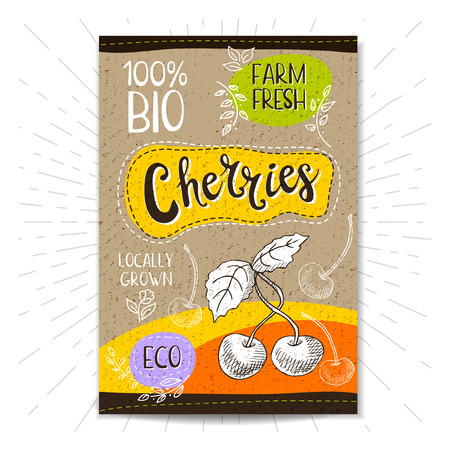 Colorful label in sketch style, food, spices, cardboard textured background. Cherries Fruits. Bio, eco, farm, fresh. locally grown. Hand drawn vector illustrationのイラスト素材