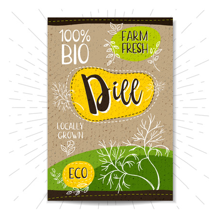 Colorful label in sketch style, food, spices, cardboard textured background. Dill Spice. Bio, eco, farm, fresh. locally grown. Hand drawn vector illustrationのイラスト素材
