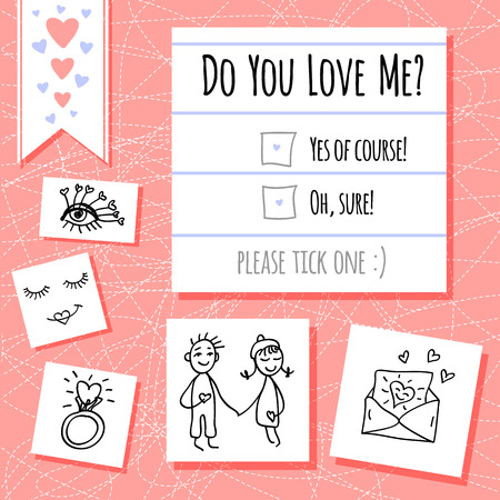 Valentines day funny questionnaire, card, notebook doodles elements, girl, boy, love letter, hearts, ring, eyes, eyelashes, scribble, sketch style. Hand drawn vector illustration.のイラスト素材