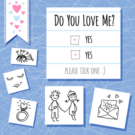 Valentines day funny questionnaire, card, notebook doodles elements, girl, boy, love letter, hearts, ring, eyes, eyelashes, scribble, sketch style. Hand drawn vector illustration.のイラスト素材