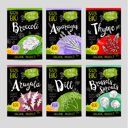 Set of colorful labels, sketch style, food, spices, black background. Asparagus, brussels sprouts, broccoli, thyme, arugula, dill. Vegetables, farm fresh, locally grown, organic product. Hand drawn vector illustration.のイラスト素材