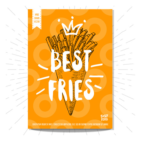 Colorful fast food poster. Best fries, lettering, calligraphy. Retro background. Sketch style, labels, hand drawn vector.のイラスト素材