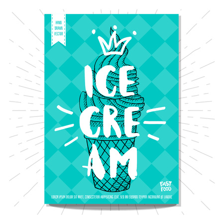 Colorful fast food poster. Ice cream, lettering, calligraphy. Retro background. Sketch style, labels, hand drawn vector.のイラスト素材