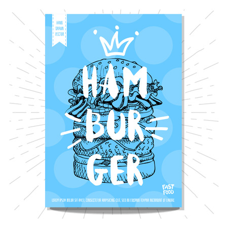 Colorful fast food poster. Hamburger, crown, lettering, calligraphy. Retro background. Sketch style, labels, hand drawn vector.のイラスト素材