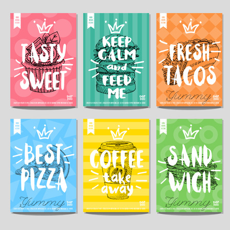 Set colorful fast food posters. Hamburger, cake, pizza, sandwich, coffee, tacos. Retro background. Sketch style, labels, hand drawn vector.のイラスト素材