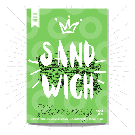 Colorful fast food poster. Sandwich, crown, lettering, calligraphy. Retro background. Sketch style, labels, hand drawn vector.のイラスト素材