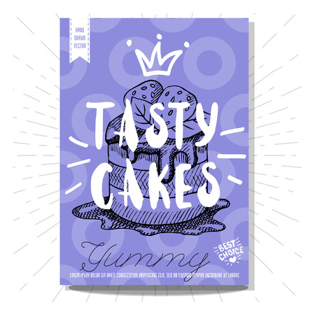 Set colorful sweet labels. Tasty cakes, sweet, yummy, dessert, crown, heart, best choice. Retro background. Sketch style, posters, hand drawn vector.のイラスト素材
