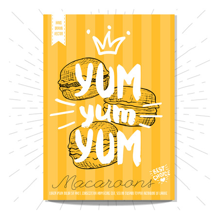 Colorful macaroons label. Macaroons, yum, heart, best choice. Retro background. Sketch style, posters, hand drawn vector.のイラスト素材