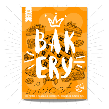 Set colorful sweet labels. Bakery, sweet, capcake, cake, biscuits, cookie, dessert, pie, crown, heart, best choice. Retro background. Sketch style, posters, hand drawn vector.のイラスト素材