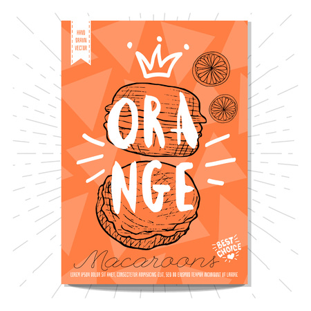 Colorful macaroons label. Macaroons, orange, heart, best choice. Retro background. Sketch style, posters, hand drawn vector.のイラスト素材