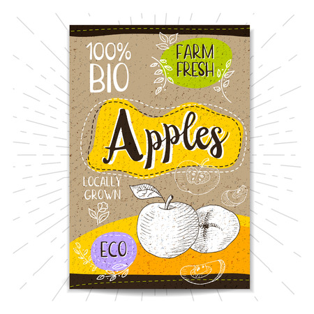 Colorful label in sketch style, food, spices, cardboard textured background. Apples Fruits. Bio, eco, farm, fresh. locally grown. Hand drawn vector illustrationのイラスト素材