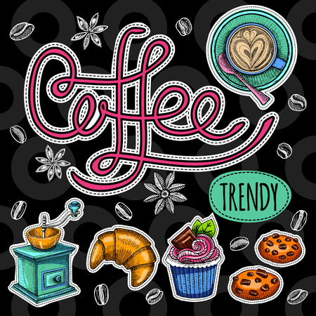 Coffee trendy vector set. Coffee beans, cup, cappuccino, coffee mill, sweets, cookies, cake, star anise, croissant. Hand drawn design elements.のイラスト素材