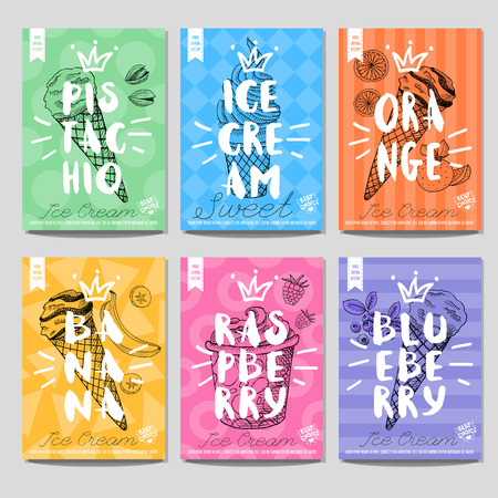Set of hand drawn, cards, posters. Ice cream, sweet, pistachio, orange, banana, raspberry, blueberry, best choice, heart, crown. Lettering, retro background. Sketch style vector.のイラスト素材