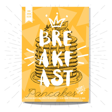 Hand drawn, card, poster. Breakfast, pancakes, best choice, heart, crown. Lettering, retro background. Sketch style vector.のイラスト素材
