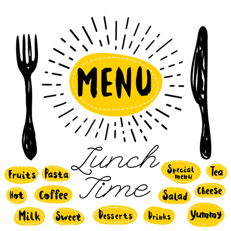 Menu logo, fork, knife, lunch time. Lettering, calligraphy logo, sketch style, light rays, heart, pasta, vegan, tea, coffee, deserts, yummy, milk, salad, oatmeal. Hand drawn vector illustration.のイラスト素材