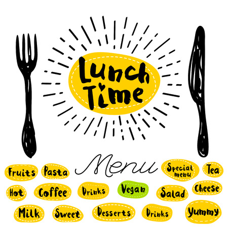 Lunch time logo, fork, knife, menu. Lettering, calligraphy logo, sketch style, light rays, heart, pasta, vegan, tea, coffee, deserts, yummy, milk, salad, oatmeal. Hand drawn vector illustration.のイラスト素材
