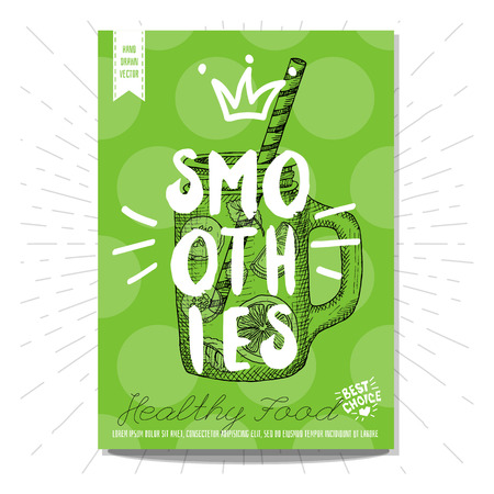 Hand drawn, card, poster. Healthy food, smoothies, jar, green, leaf, lemon slice, cucumber, crown. Lettering, retro background. Sketch style vector.のイラスト素材