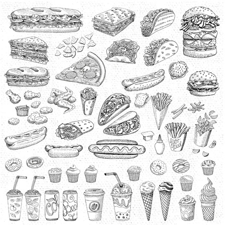 Set of hand-drawn sketch fast food.のイラスト素材
