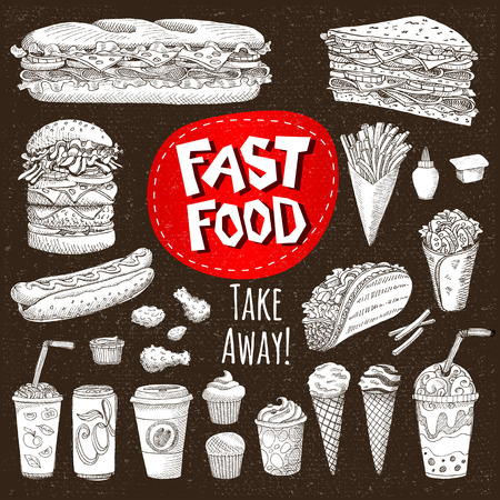 Vector set Sketch style Fast food Hamburger, taco, burrito, chicken, potato fries, sandwich coffee lemonade, ice cream, hot dog, ketchup, mustard, soda, beer Hand drawn design cardboardのイラスト素材