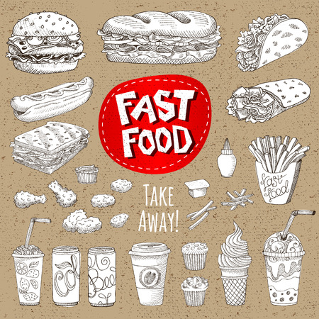 Vector set Sketch style Fast food Hamburger, taco, burrito, chicken, potato fries, sandwich coffee lemonade, ice cream, hot dog, ketchup, mustard, soda, beer Hand drawn design cardboardのイラスト素材