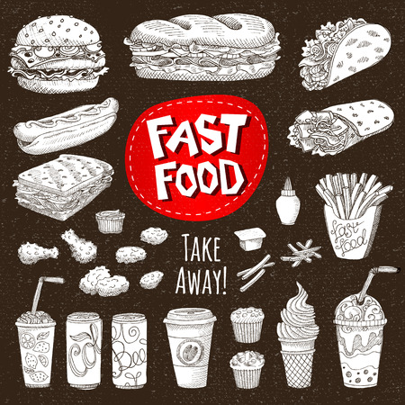 Vector set Sketch style Fast food Hamburger, taco, burrito, chicken, potato fries, sandwich coffee lemonade, ice cream, hot dog, ketchup, mustard, soda, beer Hand drawn design cardboardのイラスト素材