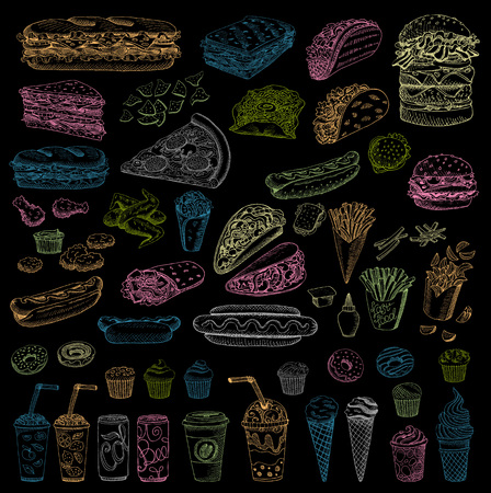 Big vector set fast food Color chalk Fast food Hamburger, taco, burrito, chicken, potato fries, sandwich, coffee, ice cream, hot dog, ketchup, mustard, soda, beer Hand drawn blackboardのイラスト素材