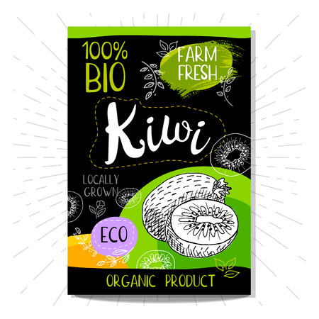 Colorful label in sketch style, food, spices, black background. Kiwi Fruits. Bio, eco, farm, fresh.のイラスト素材