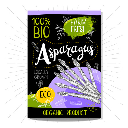 Colorful label in sketch style, food, spices, black background. Asparagus Vegetables. Bio, eco, farm, freshのイラスト素材