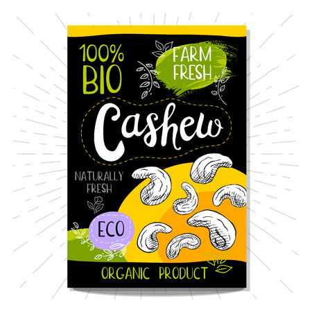Colorful label in sketch style, food, spices, black background. Cashew Nuts. Bio, eco, farm, fresh.のイラスト素材