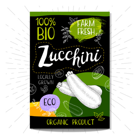 Colorful label in sketch style food spices, black background. Zucchini. Vegetables. Bio, eco, farm, fresh. locally grown.のイラスト素材