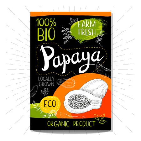 Colorful label in sketch style, food, spices, black background. Papaya Fruits. Bio, eco, farm, fresh. locally grown Hand drawn illustrationのイラスト素材