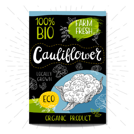 Colorful label in sketch style food spices, black background. Cauliflower. Vegetables. Bio, eco, farm, fresh. locally grown. Hand drawn illustrationのイラスト素材