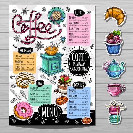 Coffee restaurant brochure vector, coffee shop menu design, sketch style. Coffee, desserts, tea, breakfast, cakes, donut. Lettering cup logo. Hand drawn vectorのイラスト素材