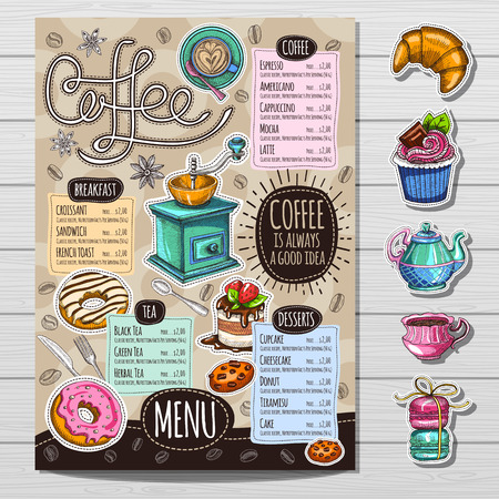 Coffee restaurant brochure vector, coffee shop menu design, sketch style. Coffee, desserts, tea, breakfast, cakes, donut. Lettering cup logo. Hand drawn vectorのイラスト素材