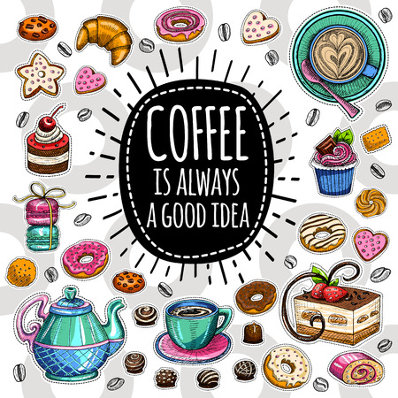 Coffee is always a good idea, pot, cup, coffee beans, cappuccino, coffee, sweets, cookies cake star, biscuit croissant tiramisu candies, donuts. Hand drawn design elementsのイラスト素材