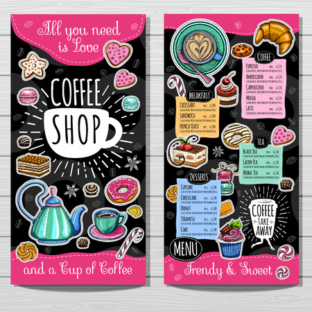 Coffee shop brochure vector, cafe menu design, sketch style. Coffee, desserts, tea, breakfast, cakes, donut, croissant, quote, coffee take away. Lettering, cup, logo, trendy. Hand drawn vector.のイラスト素材