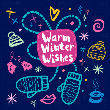 Warm Winter Wishes sketch style. Christmas lettering greeting cards. Multicolor doodles hearts stars eyes lips trendy firecracker fireworks. Hand drawn vector illustration.のイラスト素材