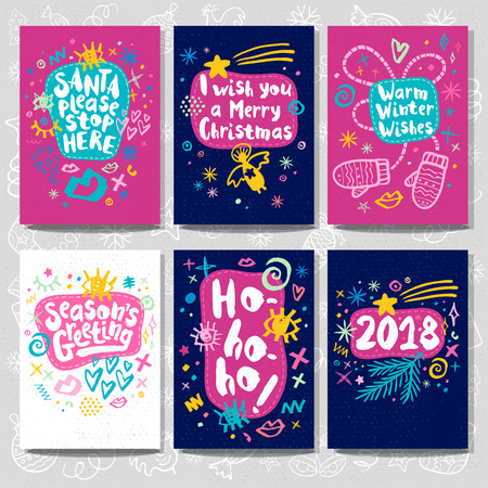 Merry Christmas Happy New set sketch style. Christmas lettering greeting cards. Multicolor doodles trendy firecracker fireworks. Hand drawn vector illustration.のイラスト素材