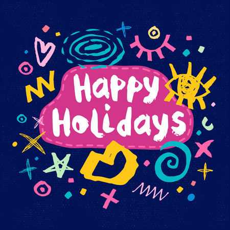 Happy Holidays sketch style. Christmas lettering greeting cards. Multicolor doodles hearts stars eyes lips trendy firecracker fireworks. Hand drawn vector illustration.のイラスト素材