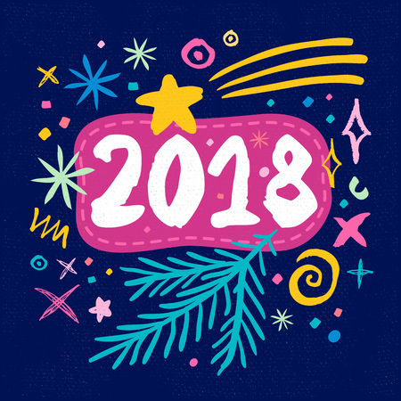 Happy New  Year sketch style. Christmas lettering greeting cards. Multicolor doodles hearts stars eyes lips trendy firecracker fireworks. Hand drawn vector illustration.のイラスト素材