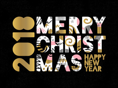 Happy New Year, Merry X-mas Lettering. Greeting card. Drawn vector elements. Black background. Gold silver pink black art. Hand drawn vector design.のイラスト素材